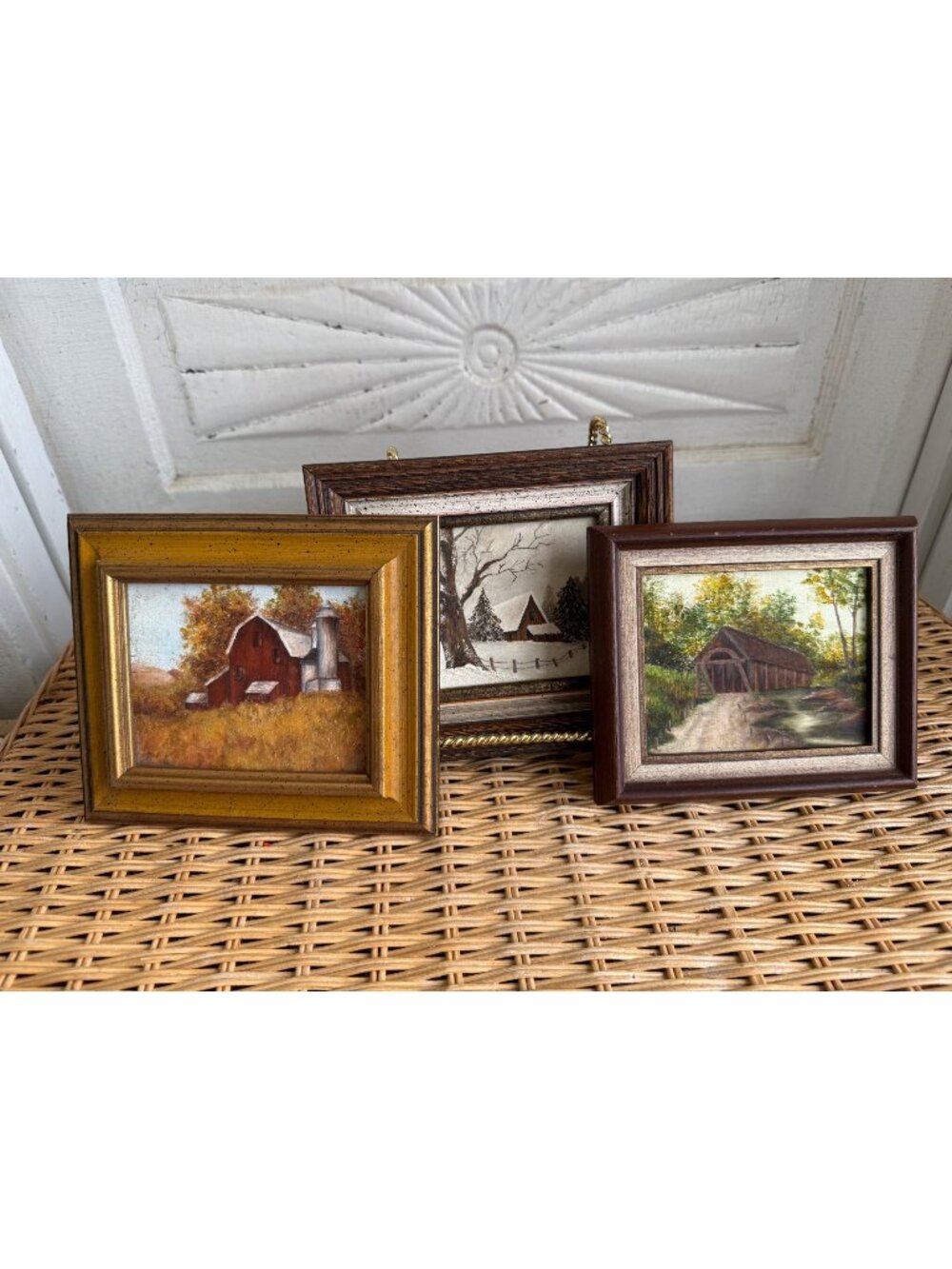 Vintage 70s Lot Mini Framed Paintings Red Barns Covered Bridge Rural Scapes